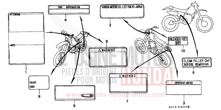 WARNETIKETT von XR250R SHASTA WHITE (NH138H) von 1995