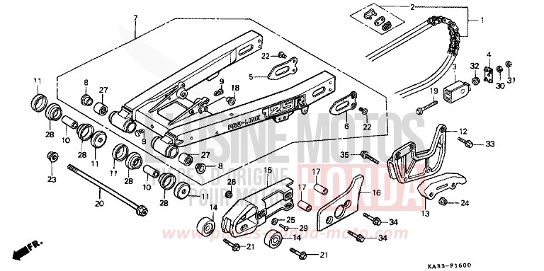 GABEL, HINTEN/ANTRIEBSKETTE (1) von CR125R FLASH RED (R119) von 1984